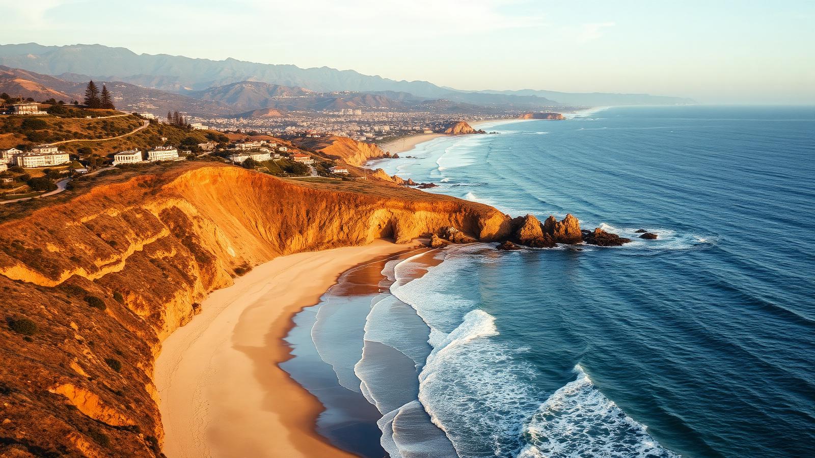 Pacific Palisades coastline with beach, bluffs and Santa Monica mountains